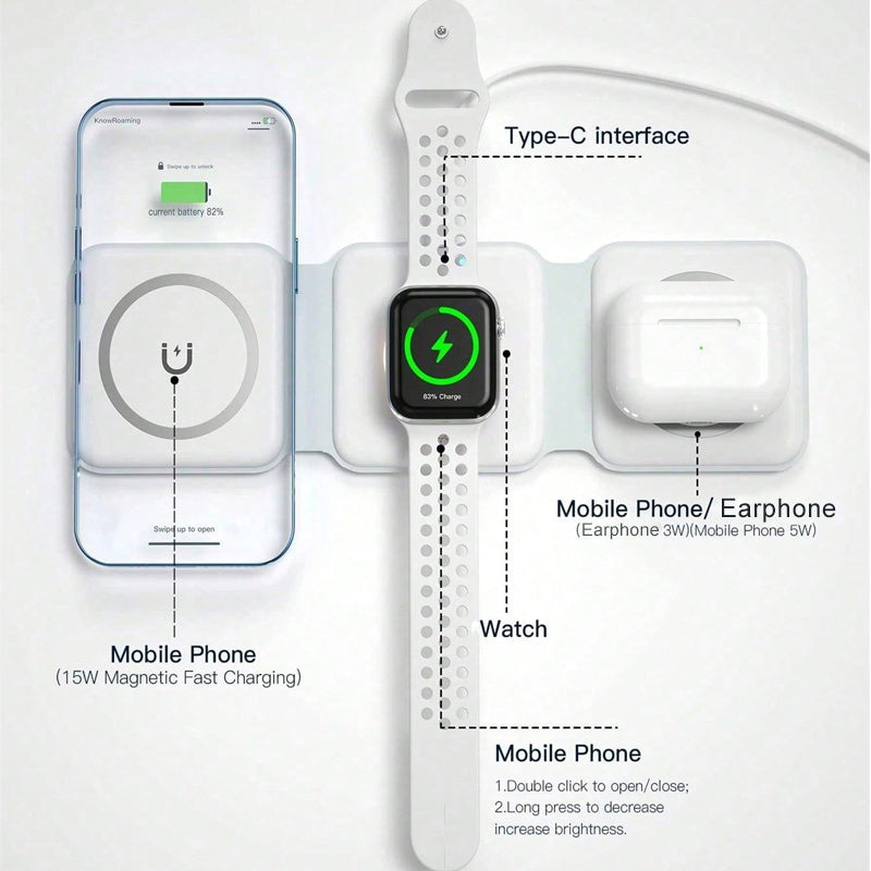 3-in-1 Foldable Magnetic Wireless Charging Station -For Phone, Watch & Earbuds